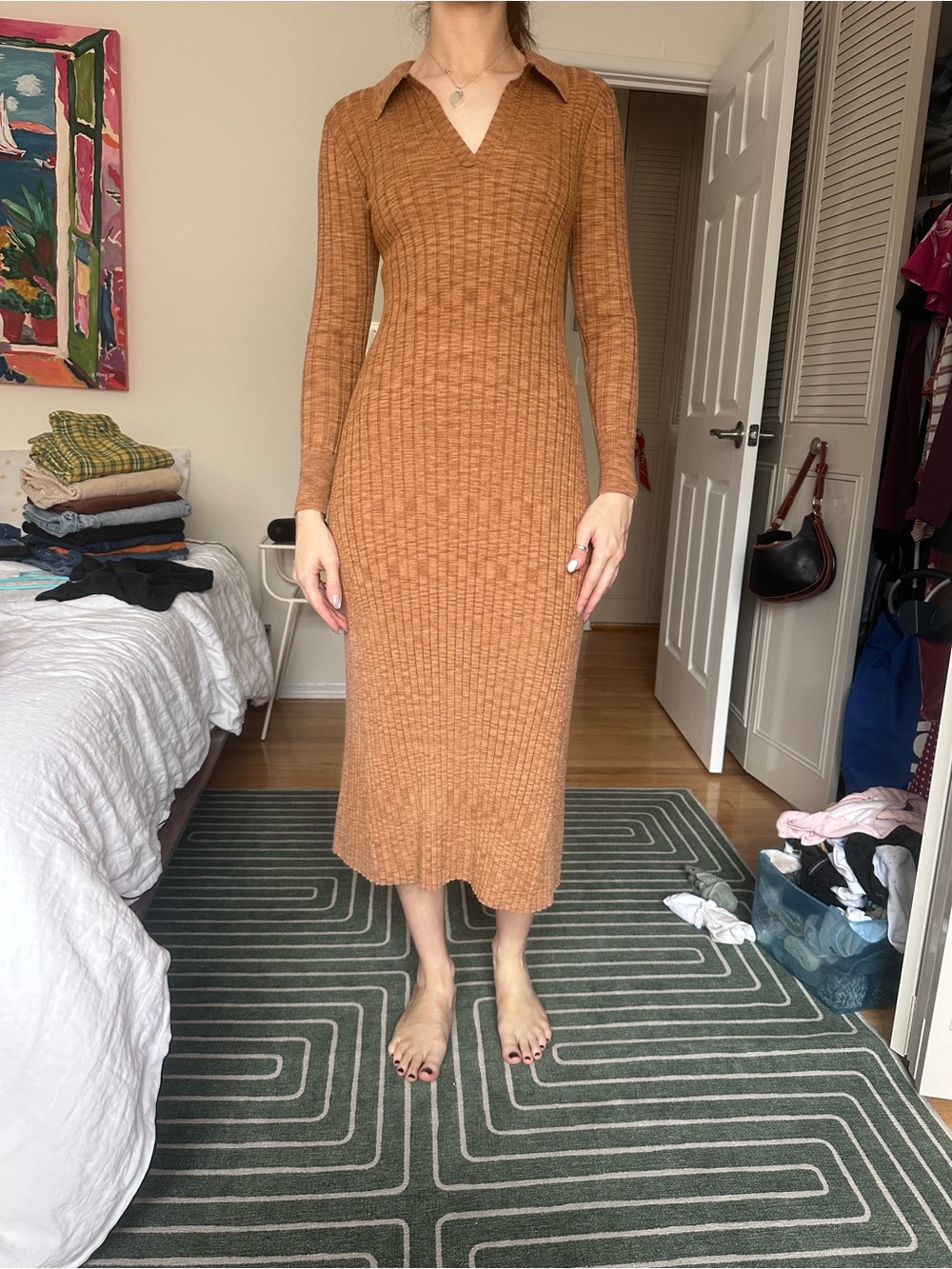 LOFT Ribbed Collared Midi Dress in Camel Brown
